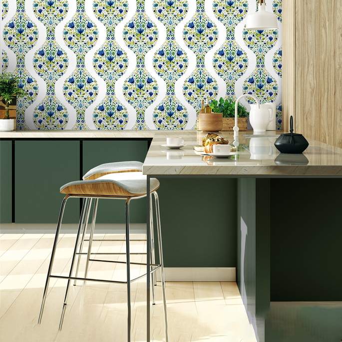 NextWall Peel &amp; Stick Floral Ogee Cobalt &amp; Spring Green Wallpaper image 5 of 5