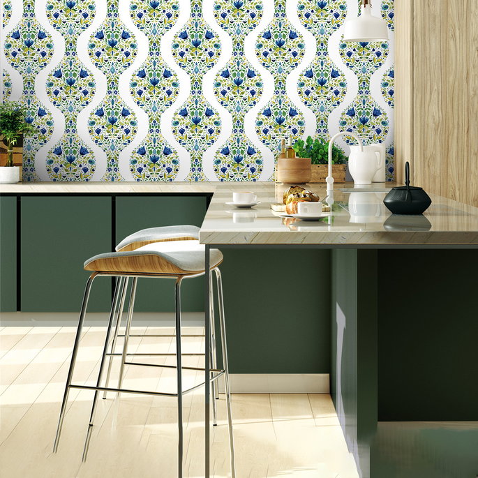 NextWall Peel &amp; Stick Floral Ogee Cobalt &amp; Spring Green Wallpaper image 5 of 5
