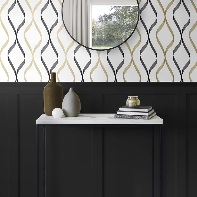 NextWall Peel &amp; Stick Ogee Ribbon Metallic Gold &amp; Ebony Wallpaper image 2 of 5
