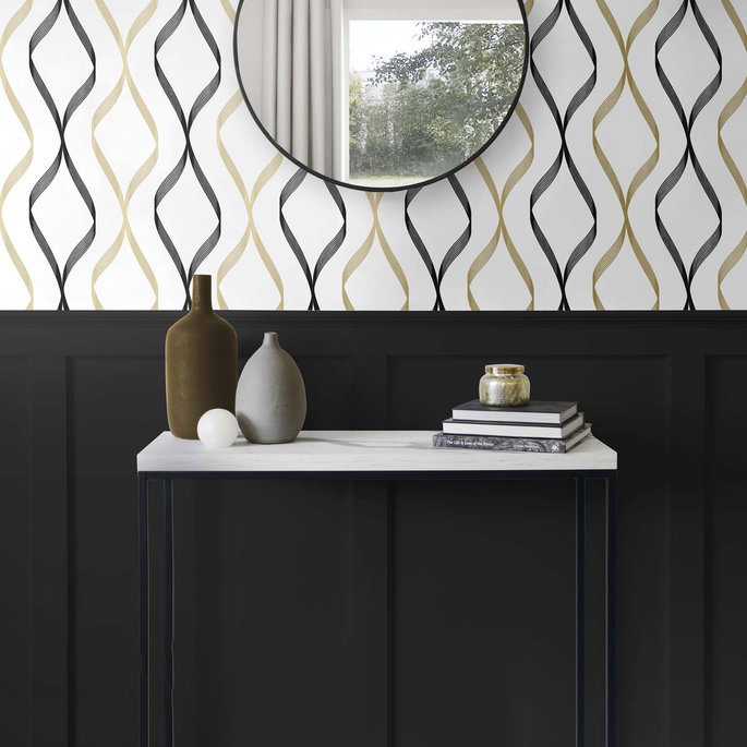 NextWall Peel &amp; Stick Ogee Ribbon Metallic Gold &amp; Ebony Wallpaper image 2 of 5