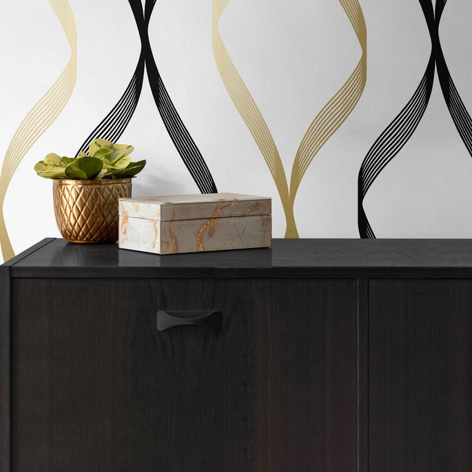NextWall Peel &amp; Stick Ogee Ribbon Metallic Gold &amp; Ebony Wallpaper image 3 of 5