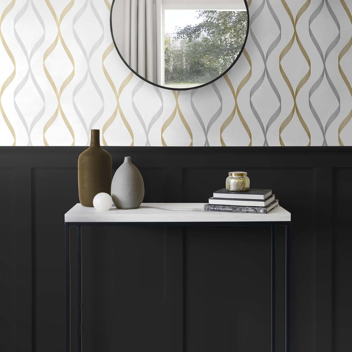 NextWall Peel &amp; Stick Ogee Ribbon Silver &amp; Gold Wallpaper image 2 of 5