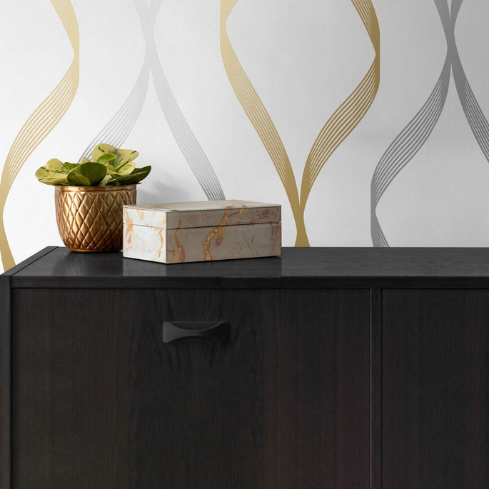 NextWall Peel &amp; Stick Ogee Ribbon Silver &amp; Gold Wallpaper image 3 of 5
