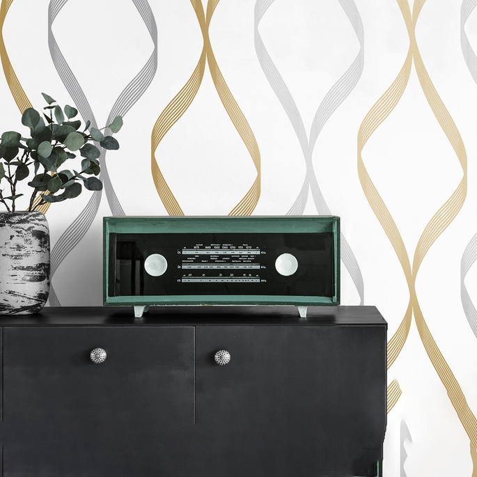 NextWall Peel &amp; Stick Ogee Ribbon Silver &amp; Gold Wallpaper image 4 of 5