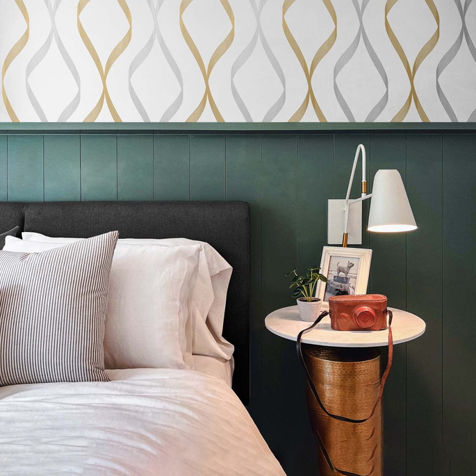 NextWall Peel &amp; Stick Ogee Ribbon Silver &amp; Gold Wallpaper image 5 of 5