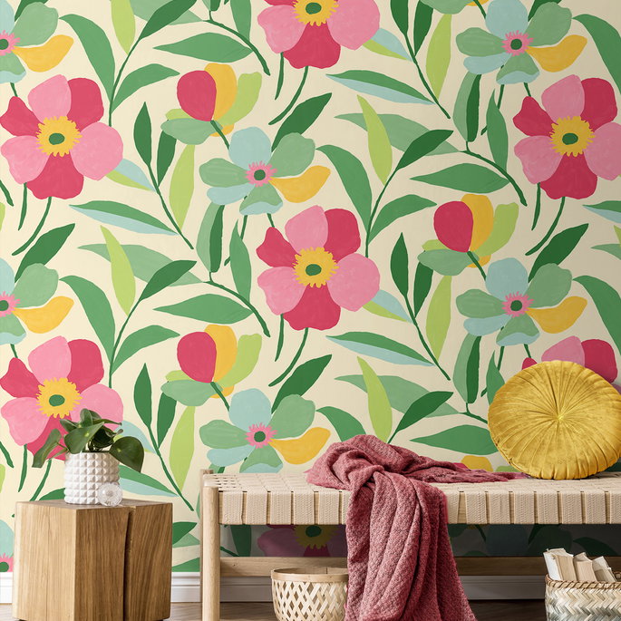 NextWall Peel &amp; Stick Garden Block Floral Pink &amp; Kelly Green Wallpaper image 2 of 5