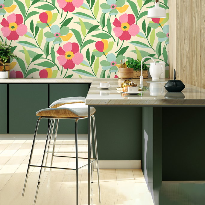 NextWall Peel &amp; Stick Garden Block Floral Pink &amp; Kelly Green Wallpaper image 3 of 5