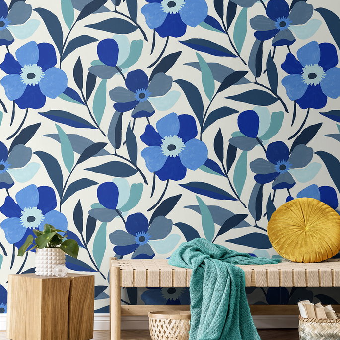 NextWall Peel &amp; Stick Garden Block Floral Cobalt Blue &amp; Lagoon Wallpaper image 2 of 5