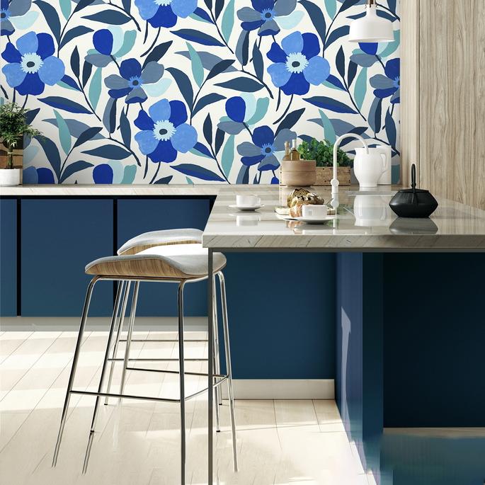 NextWall Peel &amp; Stick Garden Block Floral Cobalt Blue &amp; Lagoon Wallpaper image 3 of 5
