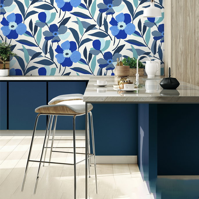 NextWall Peel &amp; Stick Garden Block Floral Cobalt Blue &amp; Lagoon Wallpaper image 3 of 5