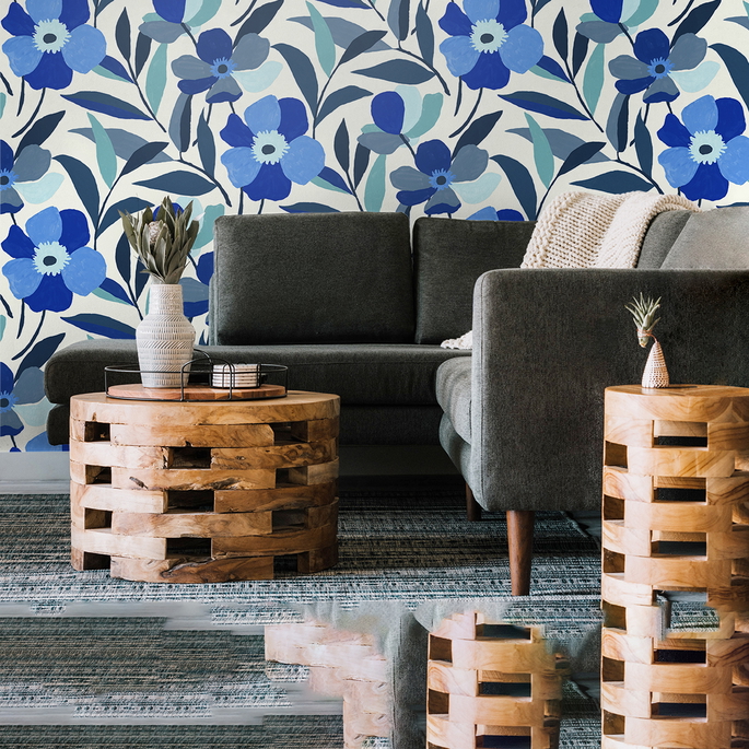 NextWall Peel &amp; Stick Garden Block Floral Cobalt Blue &amp; Lagoon Wallpaper image 4 of 5