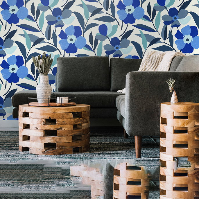 NextWall Peel &amp; Stick Garden Block Floral Cobalt Blue &amp; Lagoon Wallpaper image 4 of 5