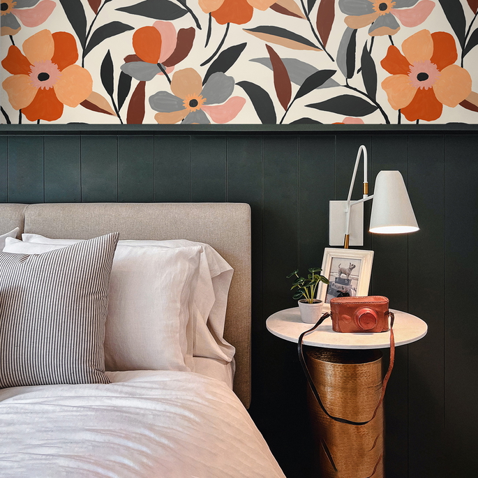 NextWall Peel &amp; Stick Garden Block Floral Orange &amp; Ebony Wallpaper image 2 of 5