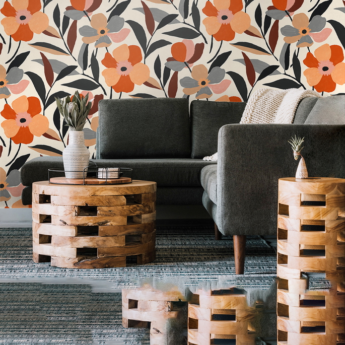 NextWall Peel &amp; Stick Garden Block Floral Orange &amp; Ebony Wallpaper image 3 of 5