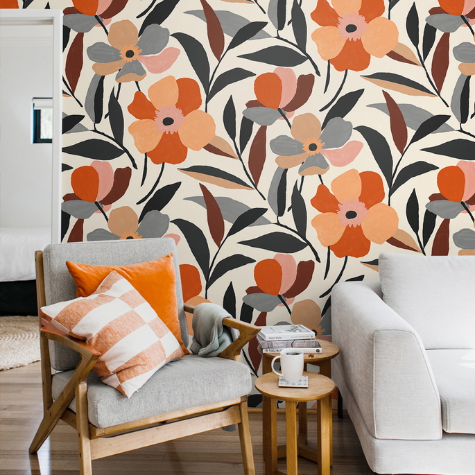 NextWall Peel &amp; Stick Garden Block Floral Orange &amp; Ebony Wallpaper image 4 of 5