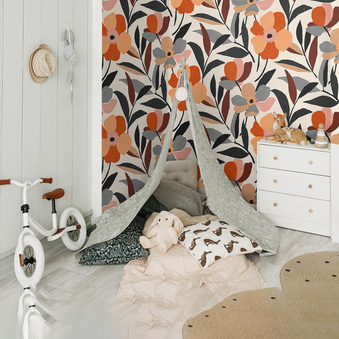 NextWall Peel &amp; Stick Garden Block Floral Orange &amp; Ebony Wallpaper image 5 of 5
