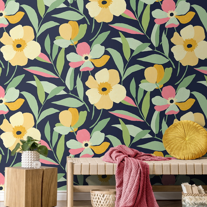 NextWall Peel &amp; Stick Garden Block Floral Deep Navy &amp; Pastels  Wallpaper image 2 of 5