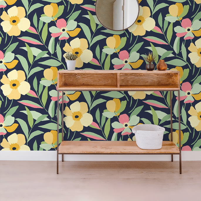 NextWall Peel &amp; Stick Garden Block Floral Deep Navy &amp; Pastels  Wallpaper image 4 of 5
