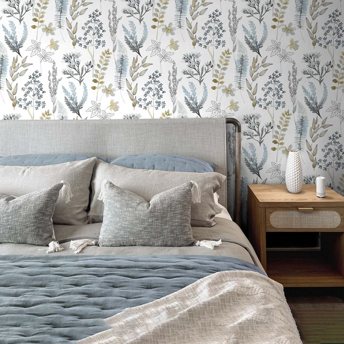 NextWall Peel &amp; Stick Wild Garden Glacier Blue &amp; Matte Brass Wallpaper image 2 of 5