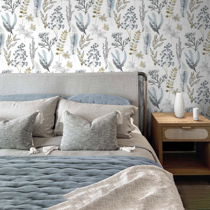 NextWall Peel &amp; Stick Wild Garden Glacier Blue &amp; Matte Brass Wallpaper image 2 of 5