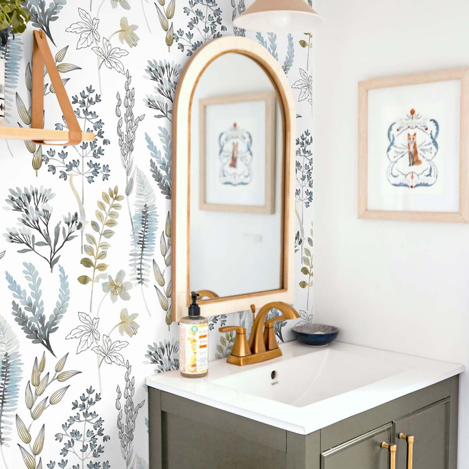 NextWall Peel &amp; Stick Wild Garden Glacier Blue &amp; Matte Brass Wallpaper image 4 of 5