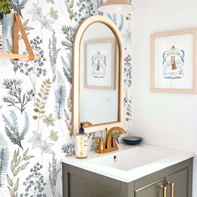 NextWall Peel &amp; Stick Wild Garden Glacier Blue &amp; Matte Brass Wallpaper image 4 of 5