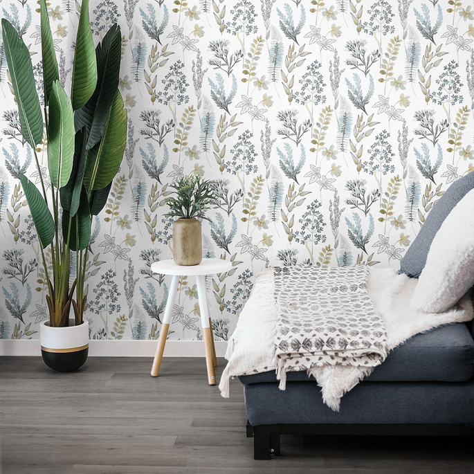 NextWall Peel &amp; Stick Wild Garden Glacier Blue &amp; Matte Brass Wallpaper image 5 of 5