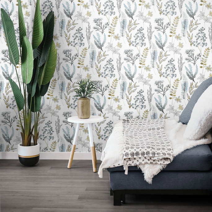 NextWall Peel &amp; Stick Wild Garden Glacier Blue &amp; Matte Brass Wallpaper image 5 of 5