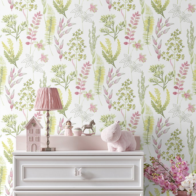 NextWall Peel &amp; Stick Wild Garden Lemongrass &amp; Posy Pink Wallpaper image 3 of 5