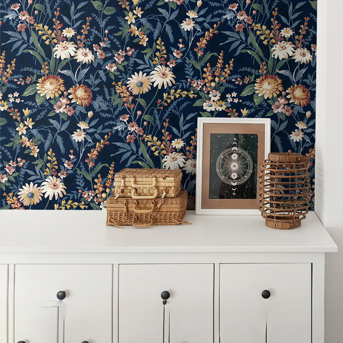 NextWall Peel &amp; Stick Vintage Floral Navy Blue Wallpaper image 5 of 5