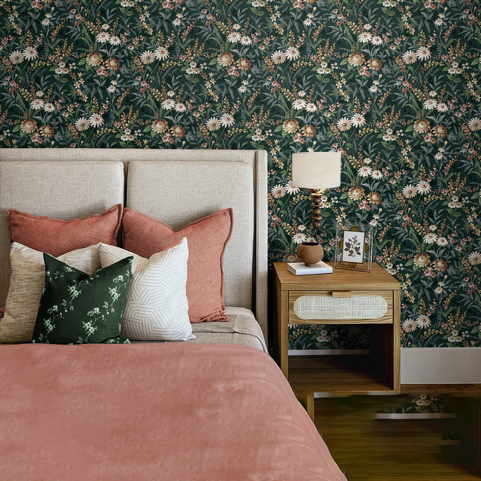 NextWall Peel &amp; Stick Vintage Floral Forest Green Wallpaper image 2 of 5