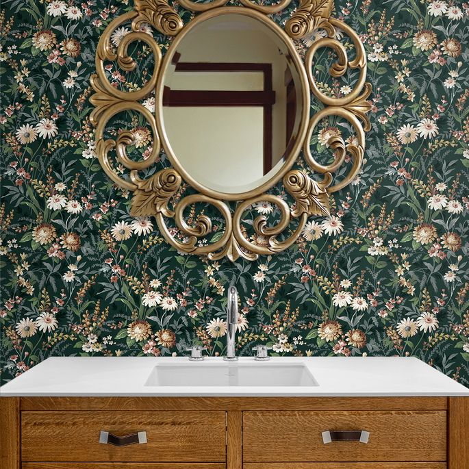 NextWall Peel &amp; Stick Vintage Floral Forest Green Wallpaper image 3 of 5