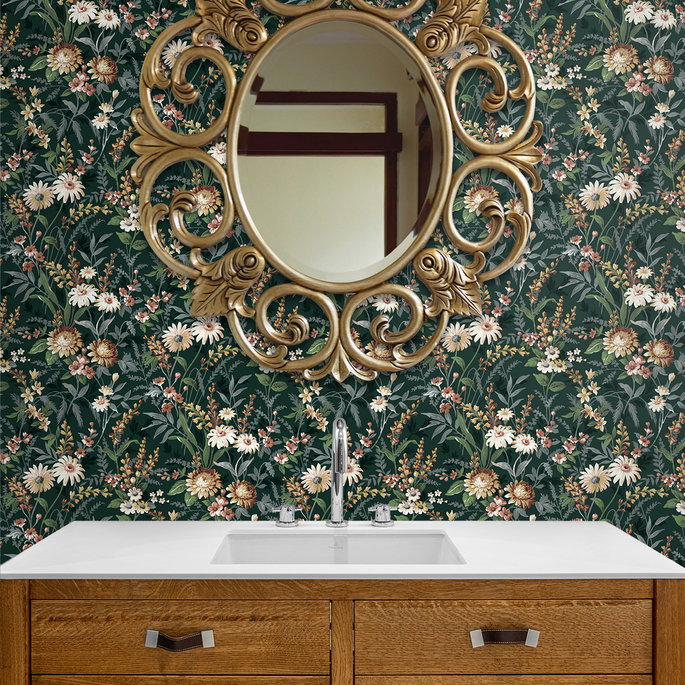 NextWall Peel &amp; Stick Vintage Floral Forest Green Wallpaper image 3 of 5