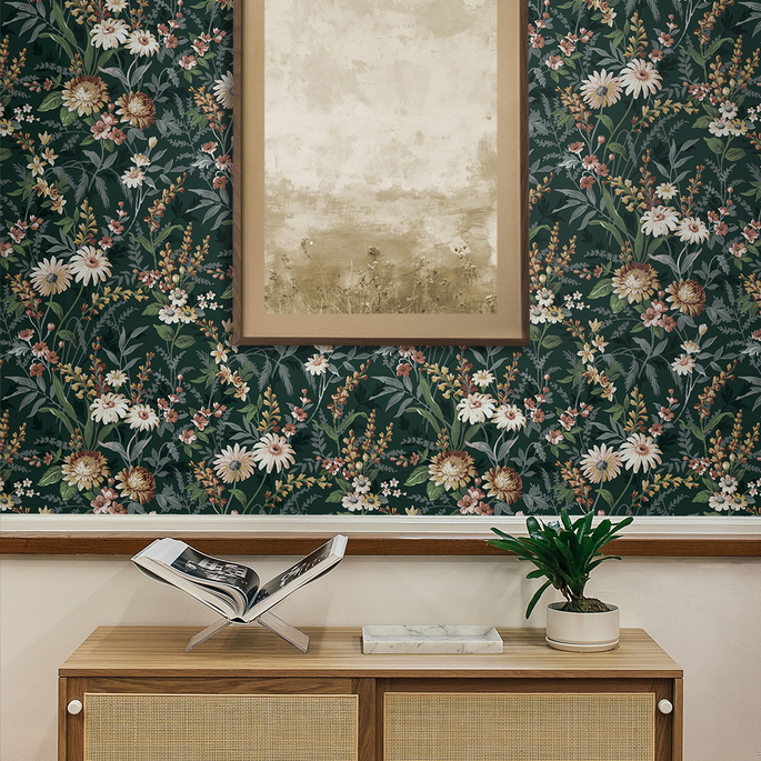 NextWall Peel &amp; Stick Vintage Floral Forest Green Wallpaper image 5 of 5