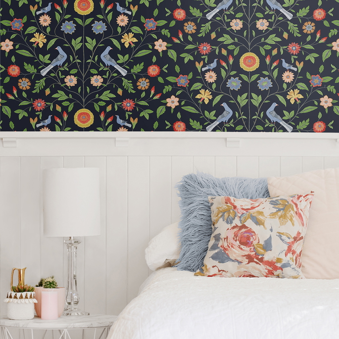 NextWall Peel &amp; Stick Bird Toile Midnight Blue Wallpaper image 3 of 5