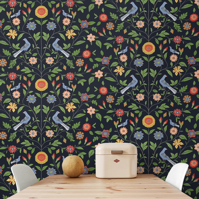 NextWall Peel &amp; Stick Bird Toile Midnight Blue Wallpaper image 4 of 5