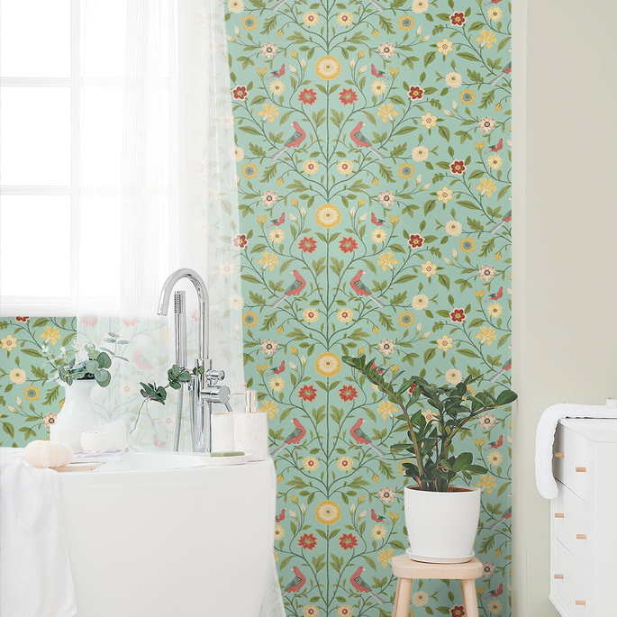 NextWall Peel &amp; Stick Bird Toile Aquamarine Wallpaper image 3 of 5