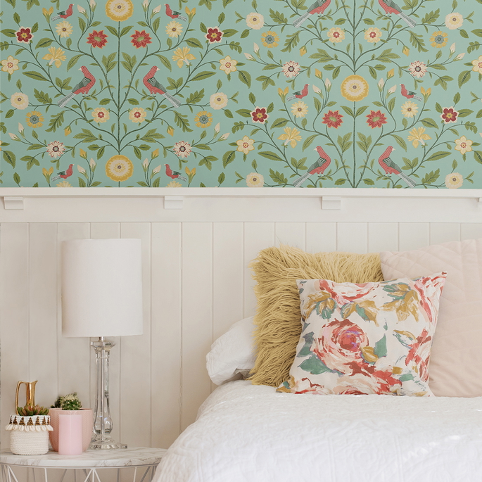 NextWall Peel &amp; Stick Bird Toile Aquamarine Wallpaper image 4 of 5