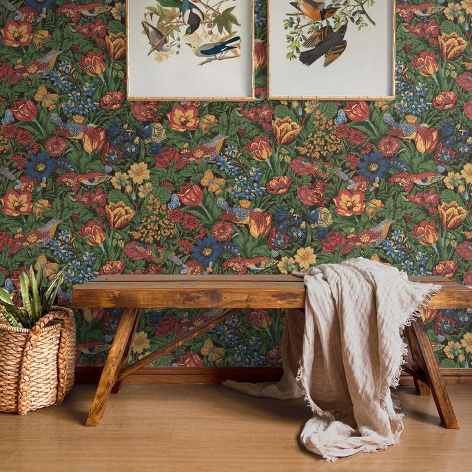 NextWall Peel &amp; Stick Bird Floral Carmine &amp; Blue Lagoon Wallpaper image 3 of 5