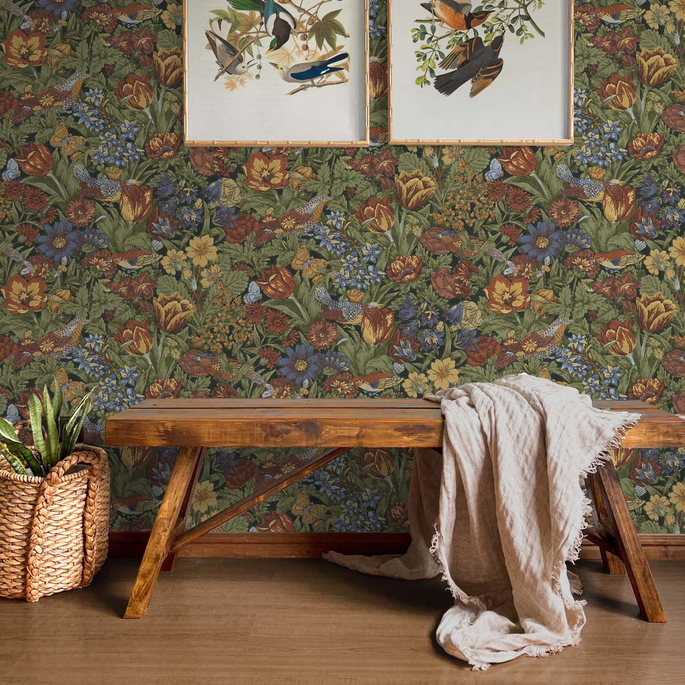 NextWall Peel &amp; Stick Bird Floral Russet &amp; Riverside Wallpaper image 3 of 5