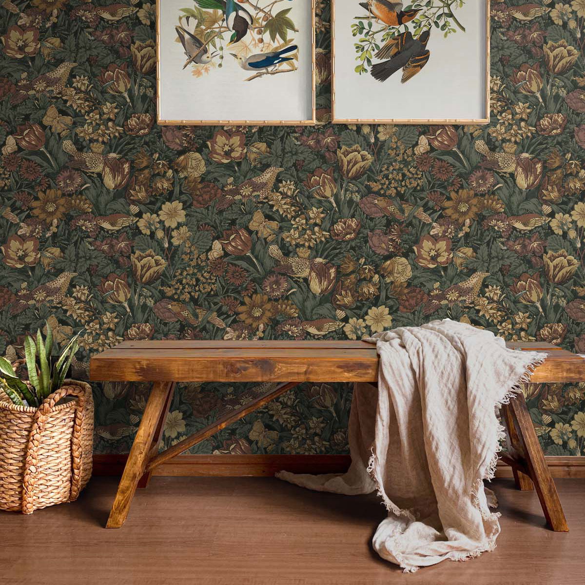 NextWall Peel & Stick Bird Floral Mahogany & Graphite Wallpaper ...