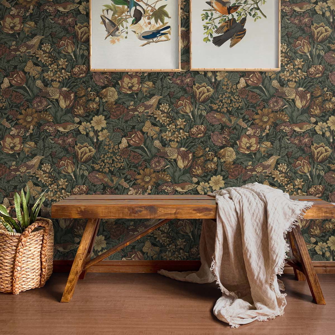 NextWall Peel &amp; Stick Bird Floral Mahogany &amp; Graphite Wallpaper image 3 of 5