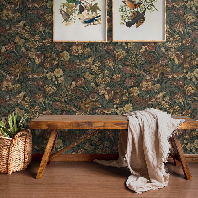 NextWall Peel &amp; Stick Bird Floral Mahogany &amp; Graphite Wallpaper image 3 of 5