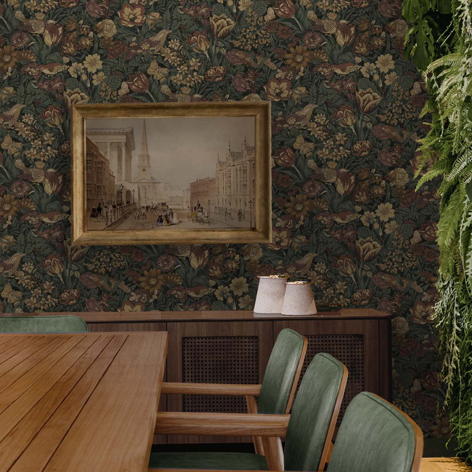 NextWall Peel &amp; Stick Bird Floral Mahogany &amp; Graphite Wallpaper image 4 of 5