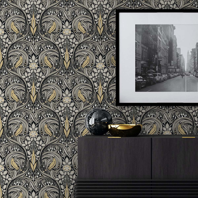NextWall Peel &amp; Stick Bird Ogee Ebony &amp; Sepia Wallpaper image 4 of 5