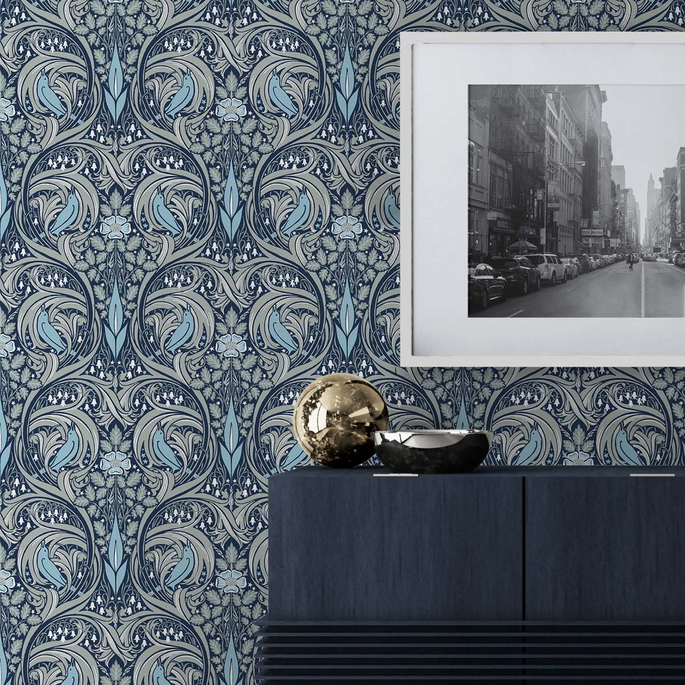 NextWall Peel &amp; Stick Bird Ogee Navy &amp; Sky Blue Wallpaper image 4 of 5