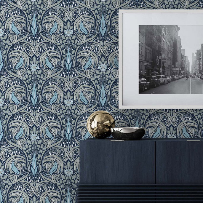 NextWall Peel &amp; Stick Bird Ogee Navy &amp; Sky Blue Wallpaper image 4 of 5
