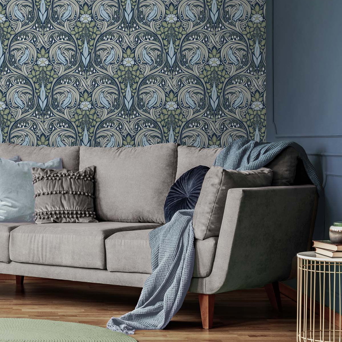 NextWall Peel &amp; Stick Bird Ogee Navy &amp; Fern Green Wallpaper image 3 of 5