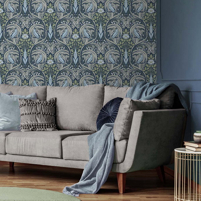 NextWall Peel &amp; Stick Bird Ogee Navy &amp; Fern Green Wallpaper image 3 of 5