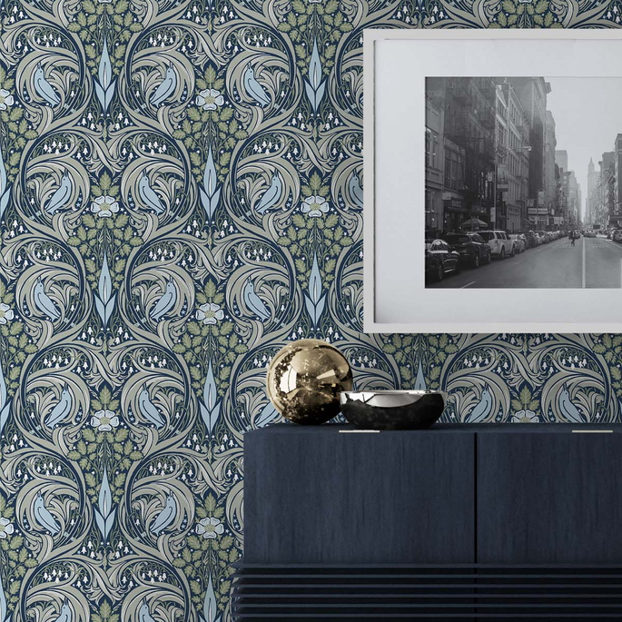 NextWall Peel &amp; Stick Bird Ogee Navy &amp; Fern Green Wallpaper image 4 of 5